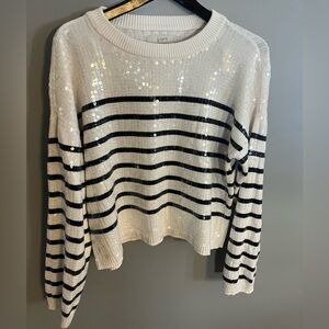 LOFT Sweater White Cotton Knit with Black Stripes & Sequin Crew Neck Pullover